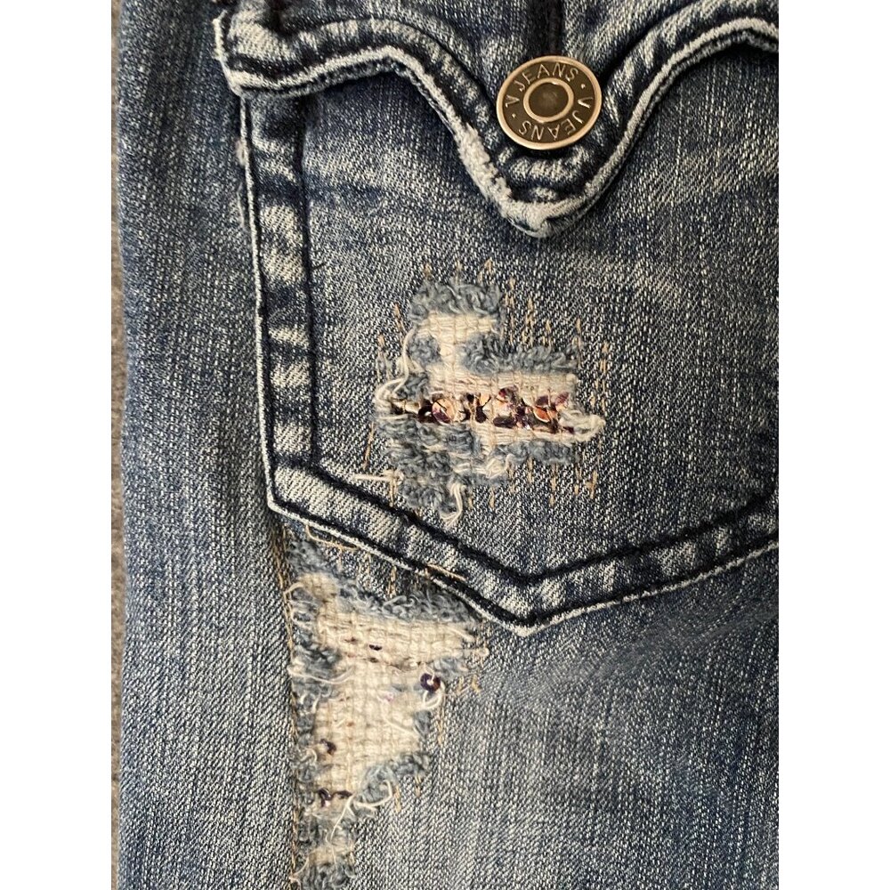 Vigoss Juniors Size 5 Bootcut Distressed Denim Jeans Sequin Holes Flare Stretch - Picture 3 of 8